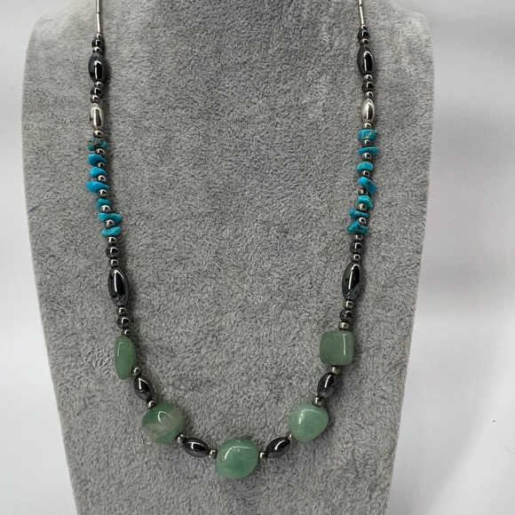 Turquoise‎ Green Stone Hematite Beaded Necklace Boho Statement Jewelry 19 inches - Picture 3 of 4
